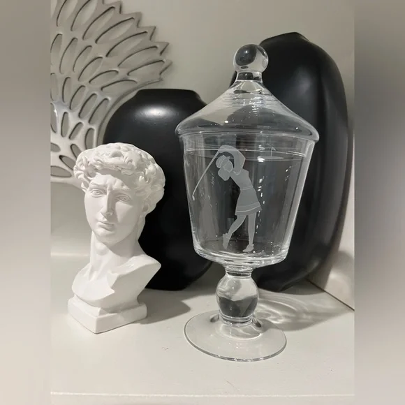 Vintage Woman Playing Golf Etched Art Glass Lidded Apothecary Candy Dish Rare - Picture 1 of 8